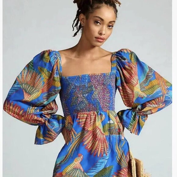 Smocked Macaw Print Cotton Mini Dress by Farm Rio/Anthropologie, XXS - Picture 1 of 5